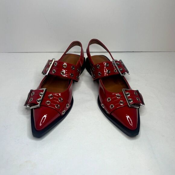 Lunhonk Studded Buckle Red Patent Leather Slingback Flat Sandals Womens - Picture 2 of 11